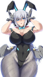 Rule 34 | 1girl, animal ears, architect (frame arms girl), armpits, arms up, black leotard, blue eyes, bow, bowtie, breasts, covered navel, cowboy shot, detached collar, fake animal ears, fishnet pantyhose, fishnets, frame arms girl, grey hair, highres, large breasts, leotard, looking at viewer, pantyhose, playboy bunny, rabbit ears, rabbit pose, sankakukin gear, solo, strapless, strapless leotard, wrist cuffs