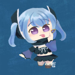 Rule 34 | 1girl, :p, akanbe, arm at side, artist name, black scarf, black shirt, blue background, blue hair, blue sleeves, boots, bra strap, brown footwear, chibi, eyelid pull, finger to cheek, frilled shirt, frilled skirt, frills, full body, gera-magia, hair ornament, hairclip, hand up, kasane ao, layered sleeves, leg up, long sleeves, looking at viewer, magia record: mahou shoujo madoka magica gaiden, magical girl, mahou shoujo madoka magica, midriff, no nose, off-shoulder shirt, off shoulder, purple eyes, ribbon, scarf, shirt, short over long sleeves, short sleeves, sidelocks, simple background, skirt, solo, standing, swept bangs, tongue, tongue out, twintails, white ribbon