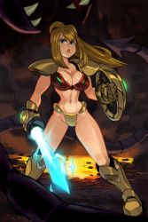 Rule 34 | 1girl, adapted costume, alex ahad, armor, bikini armor, blonde hair, breasts, cleavage, energy sword, gauntlets, highres, metroid, mole, mole under mouth, monster, narrow waist, navel, nintendo, ponytail, ridley, samus aran, shield, shoulder armor, solo focus, standing, stomach, sword, toned, weapon