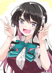 Rule 34 | 1girl, black hair, blue bow, blue bowtie, blush, bow, bowtie, breasts, double v, fang, hair between eyes, kantai collection, large breasts, long hair, mikage takashi, multicolored hair, naganami (kancolle), open mouth, pink hair, shirt, short sleeves, sidelocks, simple background, solo, twitter username, two-tone background, v, wavy hair