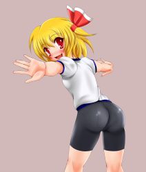 Rule 34 | 1girl, alternate costume, ass, bad id, bad pixiv id, bike shorts, blonde hair, blush, breasts, embodiment of scarlet devil, fang, female focus, from behind, gym uniform, highres, looking back, pantylines, red eyes, ribbon, rumia, short hair, shorts, small breasts, solo, tera hiroshi, touhou