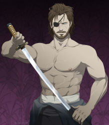 Rule 34 | 1boy, abs, beard, big boss, blue eyes, brown hair, eyepatch, facial hair, gb (doubleleaf), japanese clothes, katana, male focus, manly, metal gear (series), muscular, mustache, naked snake, nipples, purple background, scar, scar on chest, topless male, solo, sword, weapon
