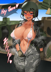 Rule 34 | 1girl, absurdres, bikini, bikini under clothes, blush, brown hair, camouflage, combat helmet, commentary, ear protection, english text, gloves, helmet, highres, hitch (perotoss), jumpsuit, looking at viewer, military uniform, military vehicle, mole, mole under mouth, motor vehicle, navel, nipples, original, outdoors, paid reward available, purple eyes, short hair, slingshot swimsuit, solo, steaming body, sweat, swimsuit, tan, tank, tanline, uniform, unzipping
