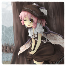 Rule 34 | 1girl, animal ears, bad id, bad pixiv id, black thighhighs, blush, brown dress, dress, ear piercing, earrings, female focus, forest, hat, highres, jewelry, mystia lorelei, nature, one eye closed, open mouth, piercing, pink hair, rain, short hair, solo, thighhighs, touhou, tree, urimono, wet, wet clothes, wet dress, wet hair, wings, wink, wringing clothes, yellow eyes, zettai ryouiki
