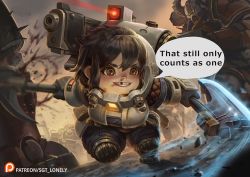Rule 34 | 1girl, adeptus astartes, armor, attack, axe, battle, battle axe, black hair, blood, breastplate, breasts, brown eyes, bruise, bruise on face, chaos (warhammer), chaos space marine, commentary, dual wielding, dwarf, english commentary, english text, height difference, holding, injury, large breasts, laser, laser pointer projection, laser sight, multiple boys, parody, power armor, sgt lonely, short hair, shortstack, shoulder cannon, solo focus, speech bubble, squats (warhammer 40k), surrounded, the lord of the rings, tolkien&#039;s legendarium, tolkien's legendarium, tooth gap, war hammer, warhammer 40k, weapon