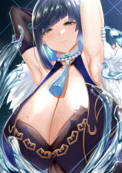 Rule 34 | 1girl, armpits, arms up, blue hair, breasts, chomikuplus, cleavage, crystal earrings, dark blue hair, dice, dot nose, earrings, fingerless gloves, genshin impact, gloves, green eyes, grin, half-closed eyes, highres, huge breasts, jewelry, long hair, looking at viewer, mole, mole on breast, necklace, pearl necklace, smile, upper body, water, wet, yelan (genshin impact)