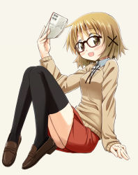 Rule 34 | 1girl, bespectacled, black thighhighs, blush, book, breasts, brown eyes, brown hair, commentary request, full body, glasses, hair ornament, hairclip, hidamari sketch, highres, looking at viewer, open mouth, percy pyl, school uniform, shoes, short hair, simple background, sitting, solo, thighhighs, white background, x hair ornament, yuno (hidamari sketch)