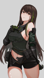 Rule 34 | 1girl, absurdres, arm behind back, black gloves, black shorts, breasts, brown eyes, brown hair, closed mouth, feet out of frame, girls&#039; frontline, gloves, green shirt, grey background, hand on back, hand on breast, highres, long hair, looking at viewer, m4a1 (girls&#039; frontline), medium breasts, mo geng, multicolored hair, navel, open clothes, open shorts, shirt, shorts, solo, standing