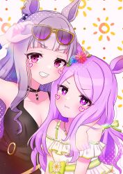Rule 34 | 2girls, absurdres, arm around shoulder, bare shoulders, black one-piece swimsuit, blunt bangs, breasts, casual one-piece swimsuit, closed mouth, collarbone, commentary, dress, eyewear on head, frilled dress, frills, gold ship (run revolt launcher) (umamusume), gold ship (umamusume), grey hair, grin, heart, highres, horse girl, large breasts, long hair, looking at viewer, mejiro mcqueen (ripple fairlady) (umamusume), mejiro mcqueen (umamusume), multiple girls, norunyannel, official alternate costume, one-piece swimsuit, pink eyes, pout, purple eyes, smile, sunglasses, swimsuit, umamusume, yellow-framed eyewear