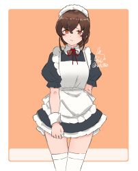 Rule 34 | 1girl, alternate costume, apron, black dress, border, braid, brown hair, cowboy shot, dress, enmaided, frilled apron, frills, highres, kantai collection, long hair, looking at viewer, maid, maid apron, maid headdress, mochizou, one-hour drawing challenge, orange background, orange eyes, single braid, skirt hold, solo, souya (kancolle), thighhighs, two-tone background, white apron, white border, white thighhighs, wrist cuffs