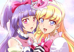 Rule 34 | 2girls, asahina mirai, black gloves, blush, bow, cure magical, cure miracle, earrings, gloves, hair bow, hairband, hat, interlocked fingers, izayoi liko, jewelry, long hair, looking at viewer, magical girl, mahou girls precure!, mini hat, mini witch hat, multiple girls, open mouth, pink eyes, precure, purple eyes, purple hair, smile, washizuka shou, white gloves, witch hat