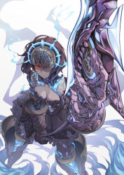 Rule 34 | alice (sinoalice), blue hair, breasts, collarbone, dark blue hair, dark persona, dress, frilled dress, frills, gauntlets, half-nightmare, highres, holding, holding polearm, holding weapon, kidy (kidy siow), looking at viewer, medium breasts, polearm, red eyes, short hair, sinoalice, weapon