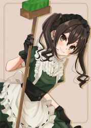Rule 34 | 1girl, alternate costume, apron, back bow, black eyes, black gloves, black hair, bow, broom, commentary, dress, earrings, enmaided, frilled apron, frills, gloves, green dress, grin, highres, holding, holding broom, idolmaster, idolmaster cinderella girls, jewelry, long hair, looking at viewer, maid, maid apron, maid headdress, mole, mole under eye, puffy short sleeves, puffy sleeves, rino cnc, rounded corners, sharp teeth, short sleeves, skirt hold, smile, standing, sunazuka akira, teeth, twintails, white apron