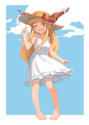 Rule 34 | 1girl, alternate costume, barefoot, blonde hair, bow, breasts, commentary request, dress, frilled dress, frills, full body, hair bow, hat, hat bow, highres, horns, horns through headwear, hyoutan tan, ibuki suika, long hair, looking at viewer, one eye closed, open mouth, red bow, small breasts, smile, solo, straw hat, sun hat, sundress, touhou, white bow, white dress, yellow eyes