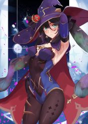 Rule 34 | 1girl, aqua eyes, armpits, black gloves, blush, bodystocking, bodysuit, bodysuit under clothes, character name, closed mouth, commentary request, covered navel, detached sleeves, earrings, genshin impact, gloves, hair between eyes, hat, highres, jewelry, kasumi saika, leotard, looking at viewer, mona (genshin impact), pantyhose, purple hat, purple leotard, solo, standing, star (symbol), star earrings, thighs, twintails, witch hat, wizard hat