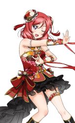 Rule 34 | 1girl, armpits, artist request, bare shoulders, blush, bow, breasts, bun cover, chinese clothes, double bun, frills, bridal garter, looking at viewer, love live!, love live! school idol festival, love live! school idol festival after school activity, love live! school idol project, nishikino maki, official art, one eye closed, open mouth, purple eyes, red hair, ribbon, short hair, sleeveless, smile, solo, thigh strap, transparent background