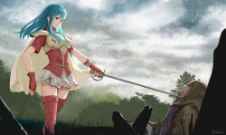 Rule 34 | 1boy, 1girl, absurdres, armor, blood, blood on clothes, blue eyes, blue hair, boots, breastplate, cloud, cloudy sky, commission, eirika (fire emblem), fingerless gloves, fire emblem, fire emblem: the sacred stones, gloves, highres, looking at another, miniskirt, nintendo, pixiv commission, rapier, red thighhighs, samohichi, shoulder armor, skirt, sky, sword, sword to throat, thigh boots, thighhighs, weapon, white skirt, zettai ryouiki
