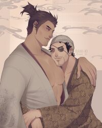 Rule 34 | 2boys, alternate costume, bara, bare pectorals, brown hair, eyepatch, face to pecs, facial hair, from side, goatee, hand on another&#039;s shoulder, high ponytail, highres, hug, japanese clothes, kimono, kiryu kazuma, large hands, large pectorals, long sideburns, looking at another, looking at viewer, majima goro, male focus, mature male, multiple boys, nipples, nude, pectoral pillow, pectorals, rani ki, ryuu ga gotoku (series), short hair, sideburns, sideburns stubble, smile, stubble, thick eyebrows, upper body, yaoi