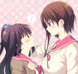 Rule 34 | 2girls, blush, brown eyes, brown hair, from side, hagino chiaki, hand on another&#039;s head, hinako note, looking at another, march-bunny, multiple girls, nakajima yua, polka dot, polka dot background, school uniform, short hair with long locks, simple background, smile, yellow eyes, yuri