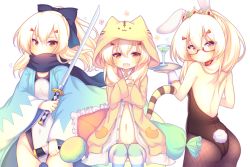 Rule 34 | 1girl, :d, alternate costume, animal ears, animal hood, ayanami (azur lane), azur lane, bare shoulders, bespectacled, black bow, black scarf, blonde hair, blush, bow, brown eyes, brown leotard, brown thighhighs, casual one-piece swimsuit, cocktail glass, commentary request, cosplay, covered mouth, covered navel, cup, drink, drinking glass, fake animal ears, fang, fate/grand order, fate (series), fingernails, fishnet pantyhose, fishnets, flying sweatdrops, glasses, hair between eyes, hair bow, hair ornament, hairclip, haori, holding, holding sword, holding tray, holding weapon, hood, jacket, japanese clothes, katana, koha-ace, leotard, long hair, long sleeves, looking at viewer, multiple views, okita souji (fate), okita souji (koha-ace), okita souji (koha-ace) (cosplay), one-piece swimsuit, open clothes, open jacket, open mouth, open shirt, pantyhose, playboy bunny, ponytail, rabbit ears, rabbit tail, red-framed eyewear, sakurato ototo shizuku, scarf, sheath, shirt, simple background, sleeves past wrists, smile, strapless, strapless leotard, striped clothes, striped pantyhose, striped tail, striped thighhighs, swimsuit, sword, tail, thighhighs, tiara, tiger ears, tiger hood, tiger tail, tray, unsheathed, weapon, white background, white one-piece swimsuit, white shirt, wide sleeves, yellow jacket