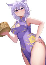 Rule 34 | 1girl, :3, absurdres, ahoge, animal ears, bamboo steamer, breasts, cat ears, china dress, chinese clothes, cleavage cutout, clothing cutout, dress, hand on own hip, highres, hololive, kajitsu no hito, large breasts, nekomata okayu, purple eyes, purple hair, virtual youtuber, white background