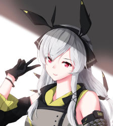 Rule 34 | 1girl, absurdres, arknights, bare shoulders, black gloves, dd (897671246), detached sleeves, dress, gloves, grey dress, hair ornament, hairband, hand up, highres, long hair, long sleeves, looking at viewer, parted lips, red eyes, shade, silver hair, smile, solo, upper body, v, weedy (arknights), wristband