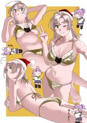 Rule 34 | 2girls, :q, absurdres, ahoge, alternate costume, aoba (kancolle), ass, barefoot, bikini, border, breasts, chibi, christmas, cleavage, feet, fur-trimmed bikini, fur-trimmed headwear, fur trim, gold bikini, green eyes, hat, highres, kantai collection, kinugasa (kancolle), large breasts, looking at viewer, lying, multiple girls, multiple views, navel, ojipon, on back, on stomach, one eye closed, orange background, pink hair, pom pom (clothes), santa hat, shorts, stomach, swimsuit, tongue, tongue out, translation request, underboob, v, white border