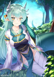 Rule 34 | 1girl, animal hands, aqua hair, artist name, blurry, blurry background, bush, butter-t, collarbone, day, depth of field, dragon horns, fate/grand order, fate (series), forest, grass, hair between eyes, hand up, horns, japanese clothes, kiyohime (fate), lamia, long hair, long sleeves, looking at viewer, monster girl, multiple horns, nature, no panties, obi, outdoors, parted lips, pelvic curtain, pointy ears, sash, scales, sitting, smile, solo, tree, twitter username, wide sleeves, yellow eyes, yokozuwari