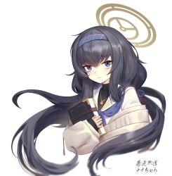 Rule 34 | 1girl, black hair, blue archive, blue eyes, blue hairband, blue neckerchief, book, cropped torso, hairband, halo, looking at viewer, low twintails, neckerchief, off shoulder, sarena, school uniform, serafuku, solo, twintails, ui (blue archive), white serafuku