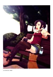 Rule 34 | 1girl, absurdres, bare shoulders, bench, black hair, black thighhighs, bottle, camera, camisole, collar, crossed legs, denim, denim shorts, dog, food, food in mouth, hair ornament, hairclip, highres, jewelry, lens flare, mouth hold, necklace, non-web source, original, park bench, purple eyes, sakura kotetsu, sandwich, scan, scan artifacts, shorts, sitting, solo, thighhighs, tree, water bottle