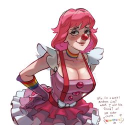 Rule 34 | 1girl, absurdres, ace attorney, breasts, capcom, clown, clown girl, clown nose, dress, english text, eyeshadow, geiru toneido, hands on own hips, highres, large breasts, makeup, phoenix wright: ace attorney - spirit of justice, pink dress, pink hair, rainbow, ribosoma 42, shiny skin, simple background, smile, solo, suspenders, suspenders gap, talking, upper body, white background
