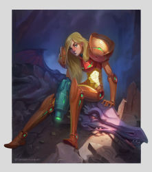 Rule 34 | 1girl, 1other, :/, after battle, arm cannon, arm support, armor, blonde hair, blurry, blurry background, border, dark background, debris, defeat, fangs, green eyes, highres, kleston marques, long hair, looking at viewer, metroid, monster, nintendo, power armor, ridley, rock, samus aran, sitting, sitting on person, tongue, tongue out, varia suit, weapon, wings