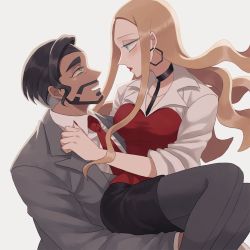 Rule 34 | 1boy, 1girl, black choker, black hair, black skirt, blonde hair, blouse, blush, business suit, carrying, choker, coat, collared shirt, commentary request, creatures (company), earrings, eye contact, facial hair, formal, game freak, green eyes, grey background, grey jacket, grey pantyhose, grey vest, highres, hoop earrings, jacket, jewelry, long hair, looking at another, nail polish, necktie, nintendo, oleana (pokemon), open mouth, pantyhose, pencil skirt, pokemon, pokemon swsh, red lips, red nails, red necktie, red shirt, rinka (rinka0912), rose (pokemon), shirt, simple background, skirt, suit, teeth, undercut, upper teeth only, vest, white coat, white shirt