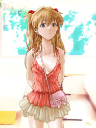 Rule 34 | 1girl, arms behind back, artist name, bag, bare arms, bare shoulders, blue eyes, breasts, brown hair, camisole, casual, closed mouth, collarbone, commentary, cowboy shot, expressionless, frilled camisole, frilled skirt, frills, hair between eyes, handbag, highres, interface headset, kazumina, light frown, long hair, looking at viewer, medium breasts, neon genesis evangelion, paid reward available, pink bag, plunging neckline, red camisole, signature, skirt, solo, souryuu asuka langley, spaghetti strap, standing, two side up, v-neck