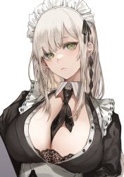 Rule 34 | 1girl, black bra, black necktie, bra, breasts, cleavage, closed mouth, detached collar, green eyes, highres, kim eb, large breasts, long hair, looking at viewer, maid, maid headdress, mole, mole under eye, necktie, open clothes, original, silver hair, solo, unbuttoned, underbust, underwear, upper body