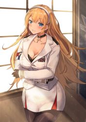 Rule 34 | 1girl, azur lane, backlighting, black bra, black choker, black gloves, black pantyhose, blonde hair, blue eyes, blurry, blurry background, blush, bra, breasts, buttons, choker, cleavage, collarbone, commentary request, cowboy shot, cross, cross choker, crossed arms, day, floating hair, gloves, hairband, head tilt, highres, indoors, lace, lace-trimmed bra, lace trim, large breasts, light particles, light rays, long hair, long sleeves, looking at viewer, military, military uniform, miniskirt, north carolina (azur lane), pantyhose, parted lips, pencil skirt, shiny skin, shirt, sidelocks, skirt, smile, solo, standing, sunbeam, sunlight, underwear, uniform, very long hair, white shirt, white skirt, window, wing collar, yu ni t