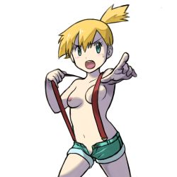 Rule 34 | 1girl, arm up, armpits, blue eyes, blue shorts, blush, breasts, bule, collarbone, creatures (company), female focus, game freak, hand up, highres, legs apart, medium breasts, misty (pokemon), navel, nintendo, nipples, no panties, open fly, open mouth, orange hair, outstretched arm, pointing, pokemon, pokemon (anime), ponytail, short hair, short shorts, shorts, side ponytail, simple background, solo, standing, suspenders, sweat, teeth, topless, white background