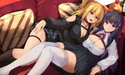 Rule 34 | 2girls, black choker, black hair, black skirt, black socks, black sweater, blonde hair, blue eyes, blush, breasts, center frills, choker, cleavage, cleavage cutout, closed mouth, clothing cutout, collared shirt, commentary request, couch, cup, drinking glass, frills, hair ornament, hair ribbon, hair scrunchie, hairclip, heart, heart necklace, high-waist skirt, indoors, jewelry, kanzaki kureha, kneehighs, large breasts, long hair, long sleeves, looking at viewer, lying, multiple girls, neck ribbon, necklace, on back, on couch, on side, open mouth, original, pillow, plaid, plaid skirt, pleated skirt, purple eyes, red ribbon, ribbon, scrunchie, shirt, shirt tucked in, shoulder cutout, skirt, sleeves past wrists, smile, socks, sweater, teeth, thigh strap, thighhighs, twintails, upper teeth only, white legwear, white shirt, wine glass, zettai ryouiki