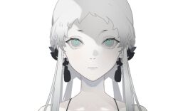 Rule 34 | 1girl, bare shoulders, closed mouth, earrings, expressionless, green eyes, grey eyes, jewelry, light blush, long hair, looking at viewer, multicolored eyes, navvvtis, original, pale skin, serious, short bangs, short eyebrows, simple background, solo, upper body, white background, white hair