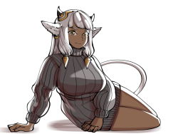 Rule 34 | 1girl, animal ears, ash (fire emblem), bare legs, black horns, breasts, brown eyes, closed mouth, commentary, cow ears, cow horns, dark-skinned female, dark skin, dress, english commentary, fire emblem, fire emblem heroes, horns, lying, mnejing30, nintendo, on side, piercing, silver hair, simple background, sweater, sweater dress, thighs, turtleneck, turtleneck sweater, white background