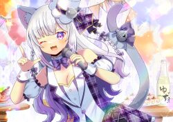 Rule 34 | 1girl, ;d, animal ear fluff, animal ears, bare shoulders, blush, bottle, bow, braid, breasts, cat ears, cat girl, cat tail, cleavage, commentary request, commission, fang, food, frilled skirt, frilled sleeves, frills, grey hair, hair bow, hands up, hat, holding, holding microphone, indie virtual youtuber, kou hiyoyo, long hair, looking at viewer, medium breasts, microphone, mini hat, mini top hat, nekome shia, one eye closed, open mouth, plaid clothes, plaid skirt, plaid vest, plate, pleated skirt, puffy short sleeves, puffy sleeves, purple bow, purple eyes, purple skirt, purple vest, short sleeves, skeb commission, skirt, smile, solo, table, tail, tilted headwear, top hat, very long hair, vest, virtual youtuber, white hat, white sleeves, wrist cuffs