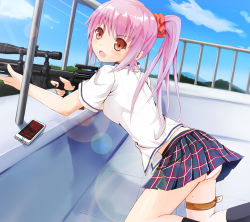 Rule 34 | 1girl, absurdres, apple inc., ass, blush, cellphone, cloud, day, earbuds, earphones, gun, highres, iphone, lens flare, mole, mole on thigh, ok-ray, original, panties, phone, pink hair, plaid, plaid skirt, ponytail, red eyes, rifle, rooftop, school uniform, skirt, sky, smartphone, sniper rifle, solo, thigh strap, underwear, weapon
