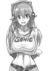 Rule 34 | 1girl, absurdres, breast hold, breasts, clothes writing, greyscale, headphones, highres, large breasts, long hair, looking at viewer, monochrome, navel, nitroplus, open mouth, panties, shinn0512, smile, solo, super sonico, underwear