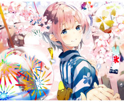 Rule 34 | 1girl, blue eyes, blush, bow, branch, cherry blossoms, floral print, flower, go-toubun no hanayome, hair between eyes, highres, japanese clothes, kimono, looking at viewer, looking to the side, nakano ichika, niii (memstapak), parted lips, pink flower, pink hair, print kimono, sidelocks, solo focus, striped clothes, striped kimono, upper body, vertical-striped clothes, vertical-striped kimono, wind chime, yellow bow