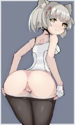 Rule 34 | 1girl, animal ear fluff, animal ears, anus, ass, ass focus, back, bare arms, bare shoulders, blush, breasts, butt crack, cameltoe, camisole, cat ears, gloves, grey hair, hand on own hip, highres, kitami tsuzuka, leggings, looking at viewer, looking back, mio (xenoblade), panties, panty pull, pantyhose, pulled by self, pussy, short hair, small breasts, smile, solo, tattoo, thigh gap, thighs, underwear, undressing, wavy mouth, white gloves, white panties, xenoblade chronicles (series), xenoblade chronicles 3, yellow eyes