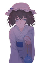 Rule 34 | 1girl, black hair, blue eyes, blue hat, blue kimono, commentary request, frills, hat, highres, japanese clothes, kimono, long sleeves, looking at viewer, marsirome, shiina mayuri, short hair, simple background, smile, solo, steins;gate, swept bangs, water balloon, white background