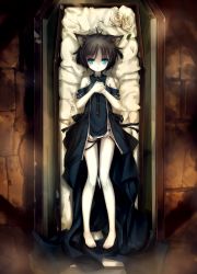 Rule 34 | 1girl, ahoge, animal ears, bare legs, bare shoulders, barefoot, black hair, black panties, blue dress, blue eyes, cat ears, coffin, dress, flat chest, hands on own chest, highres, hitomaru, looking at viewer, lying, on back, open mouth, original, pale skin, panties, parted lips, short hair, solo, underwear