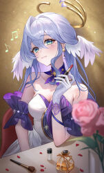 1girl absurdres aqua_eyes armpit_crease bare_shoulders breasts cleavage closed_mouth collar commentary cosmetics detached_collar detached_sleeves dress gloves hair_between_eyes halo head_wings highres holding holding_lipstick_tube honkai:_star_rail honkai_(series) jewel_under_eye large_breasts lipstick_tube long_hair looking_at_viewer musical_note poise purple_collar purple_hair purple_sleeves robin_(honkai:_star_rail) sitting smile solo very_long_hair white_dress white_gloves wings