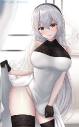 Rule 34 | 1girl, artist name, azur lane, bare shoulders, black gloves, black hairband, breasts, clothes lift, dress, dress lift, gloves, hairband, half gloves, hermione (azur lane), hermione (graceful afternoon tea) (azur lane), highres, indoors, lace, lace-trimmed legwear, lace trim, large breasts, long dress, long hair, no panties, official alternate costume, silver hair, skirt hold, sleeveless, sleeveless dress, solo, thighhighs, togare, twitter username, two-tone dress, very long hair, white dress, yellow eyes