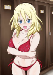 Rule 34 | 10s, 1girl, :o, bare arms, bare shoulders, bikini, blonde hair, blue eyes, blush, breasts, bright pupils, cleavage, collarbone, cowboy shot, crossed arms, door, girls und panzer, gluteal fold, indoors, inoshira, large breasts, looking at viewer, medium hair, navel, open mouth, oshida (girls und panzer), red bikini, red ribbon, ribbon, side-tie bikini bottom, solo, standing, stomach, swimsuit, twitter username, v-shaped eyebrows